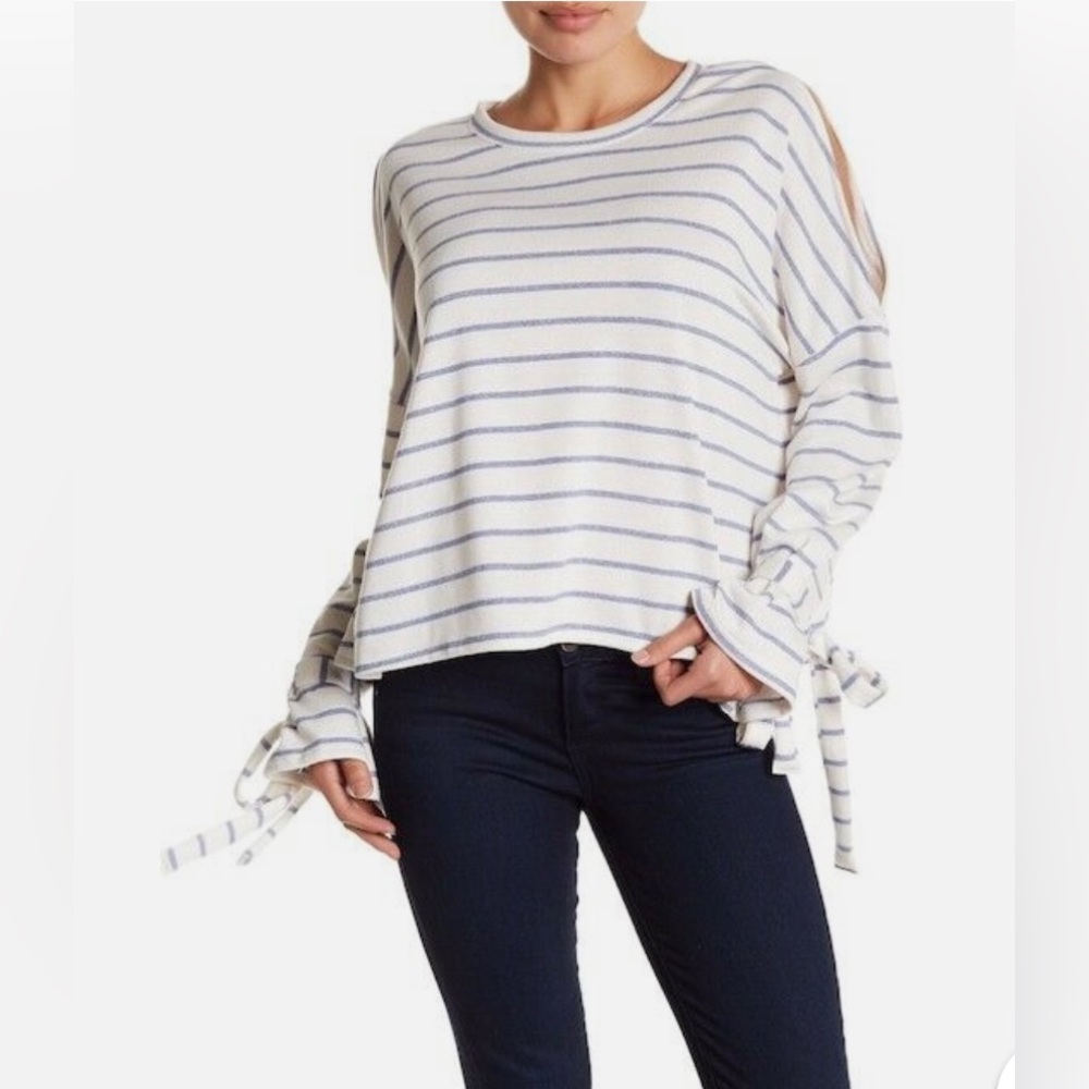 Caslon Cold Shoulder Striped White and Blue Women's Sweatshirt with Tie Cuffs
